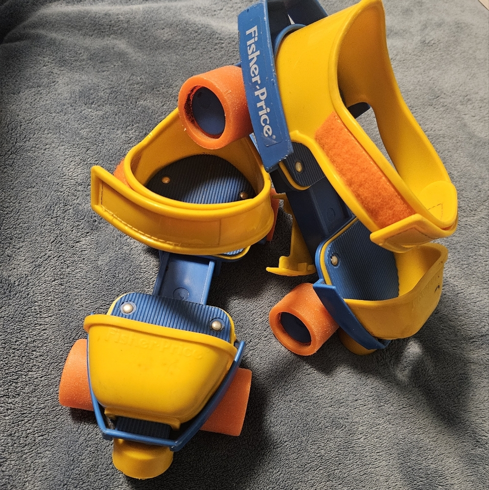 Fisher-Price Yellow and Blue Kids Adjustable Roller Skates with Orange Wheels